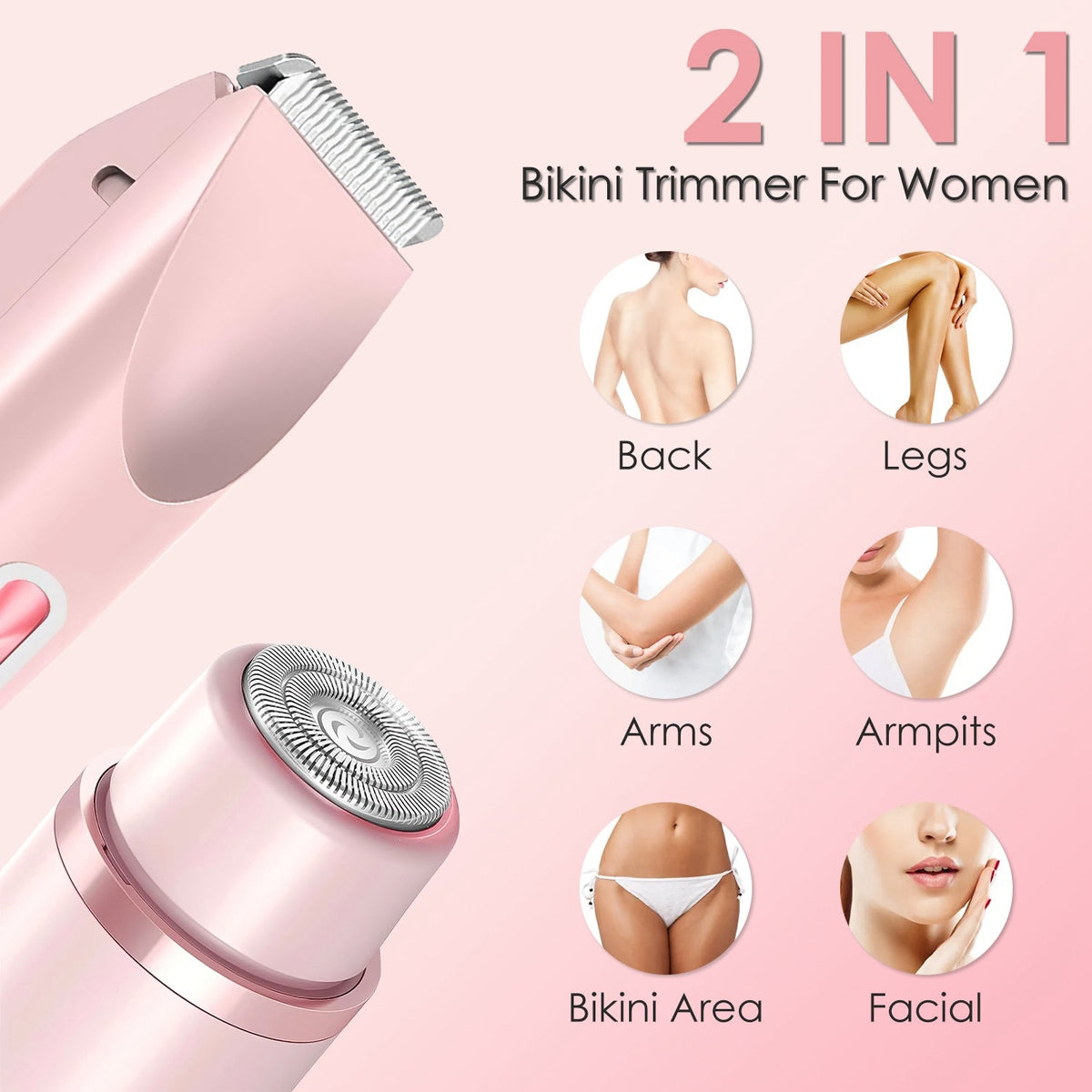 1Pc 2 In 1 Bikini Trimmer For Women Dual Head Cordless Body Shaver IPX7 Waterproof Rechargeable Pubic Hair Razor Wet And Dry Use For Bikini Underarm Leg Arm Body Face - Madamedama